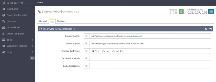 OpenLiteSpeed TLS Certificate Settings